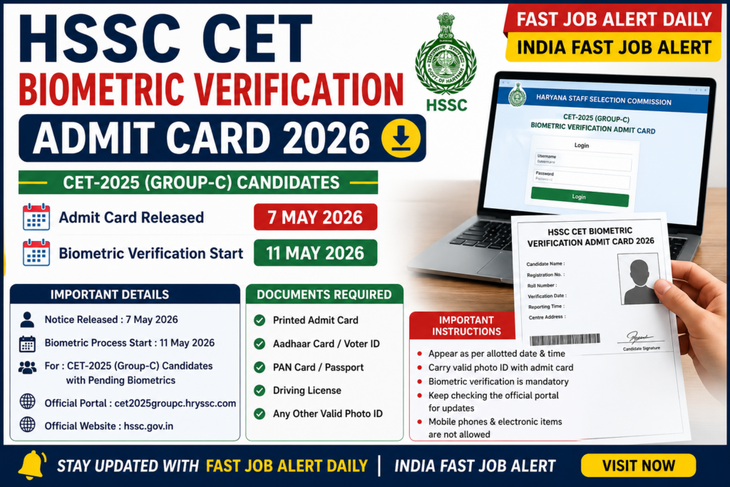 HSSC CET Biometric Verification Admit Card 2026 Download for Group C Candidates | Fast Job Alert Daily